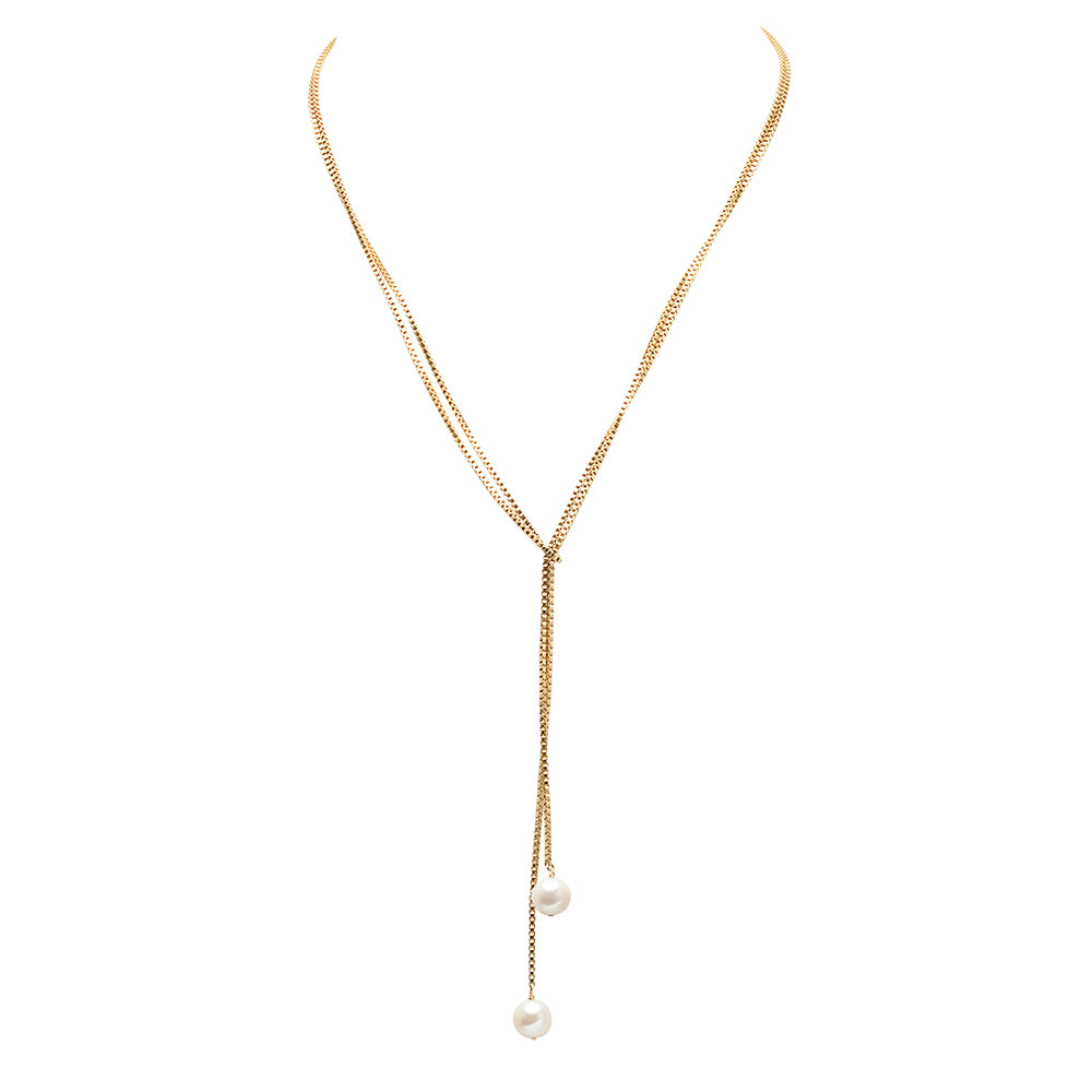 Retro Boxchain Pearl Lariat Necklace - VictoriaSix.com