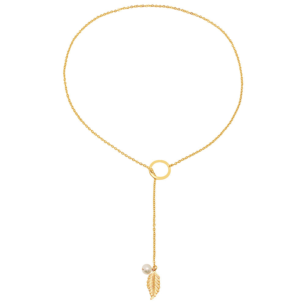 Feather and Pearl Lariat Necklace