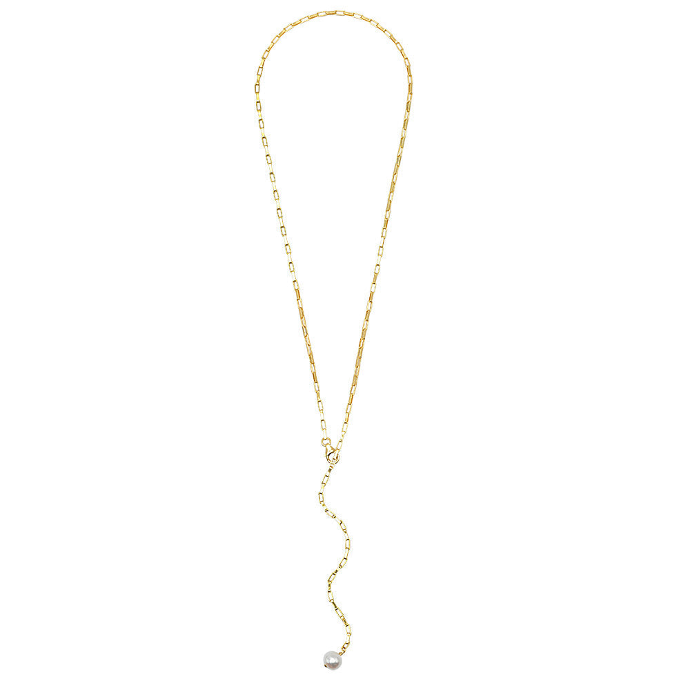 Small Rectangle Link Lariat Pearl Necklace
