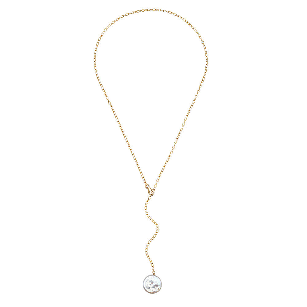 Flat Pearl Lariat Necklace