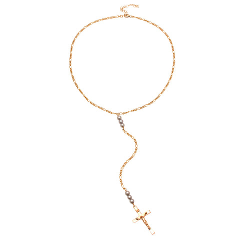 Small Rectangle Link Lariat Pearl Necklace