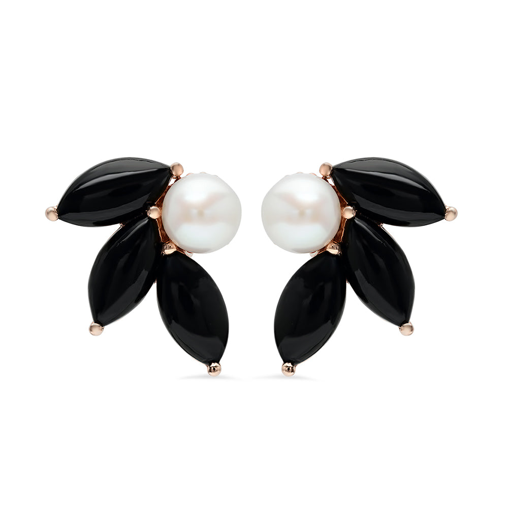 Pearl and Black Onyx Flower Earrings