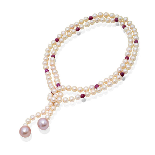 Freshwater Pearl and Ruby Bead Open Strand Necklace 