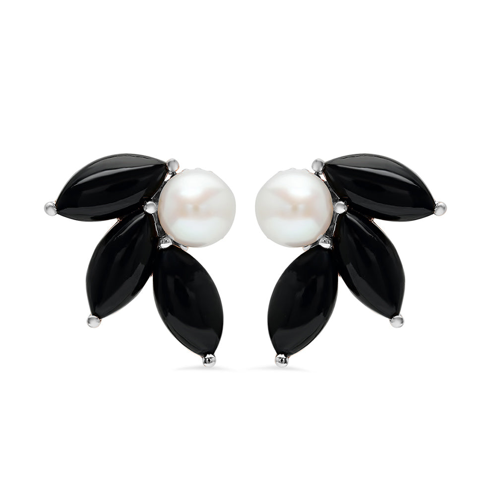 Pearl and Black Onyx Flower Earrings - VictoriaSix.com