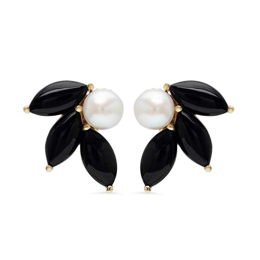 Pearl and Black Onyx Flower Earrings Yellow Gold