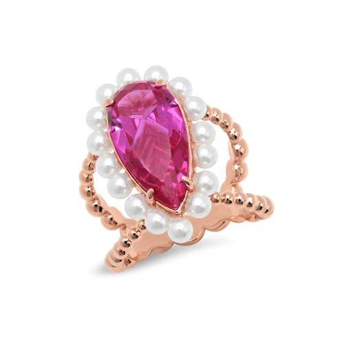 Hot Pink Pear and Pearl Cocktail Ring - VictoriaSix.com